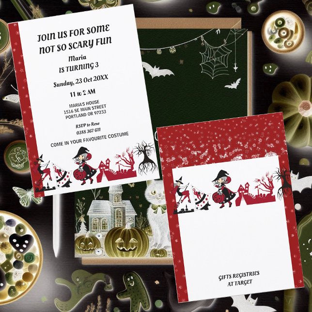 Witch Halloween Haunween House Barn Födelsedagsfes Inbjudningar (Witch Halloween Haunted House Kid's Birthday Party Invitation)