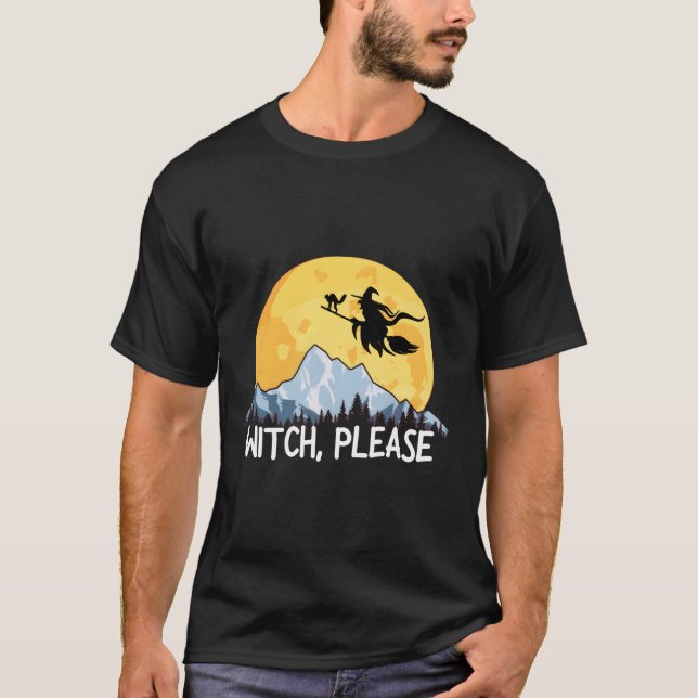 Witch, Halloween Puns Full Moon Broom T Shirt (Framsida)