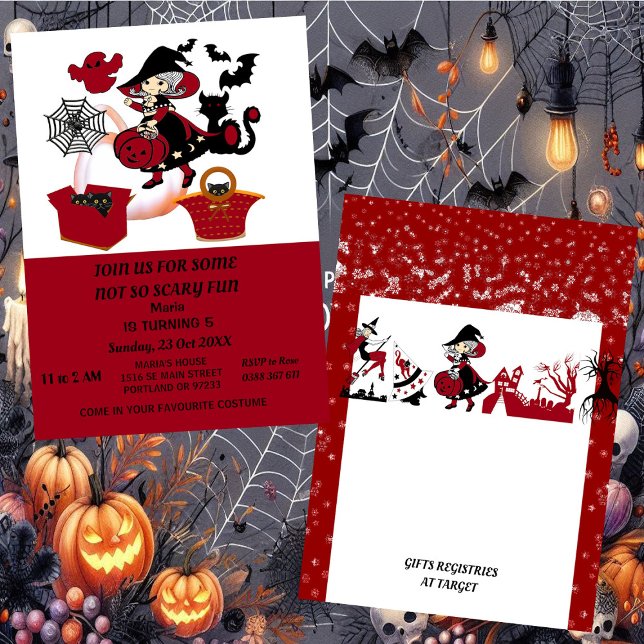 Witch Halloween Spindelnät Pumpkins Barn Birthday Inbjudningar (Witch Halloween Spider Web Pumpkins Kid's Birthday Invitation)