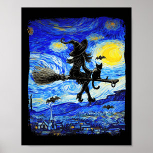 Witch Halloween Starry Night Van Gogh Aesthetic Pa Poster