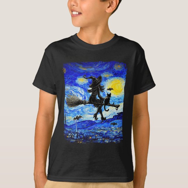 Witch Halloween Starry Night Van Gogh Aesthetic Pa T Shirt (Framsida)