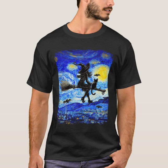 Witch Halloween Starry Night Van Gogh Aesthetic Pa T Shirt (Framsida)