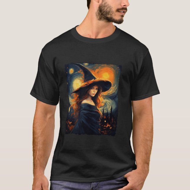 Witch Halloween Starry Night Van Gogh Aesthetic Pa T Shirt (Framsida)