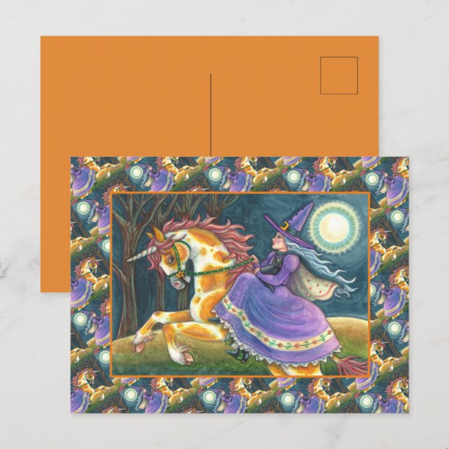 WITCH & HALLOWEEN UNICORN, BLACK CAT Fantasy Horse Helg Vykort (Fram/baksida)