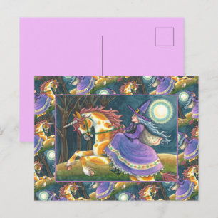WITCH & HALLOWEEN UNICORN, BLACK CAT Fantasy Horse Helg Vykort