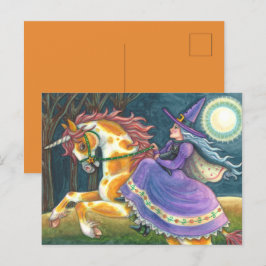 WITCH & HALLOWEEN UNICORN, BLACK CAT Fantasy Horse Helg Vykort