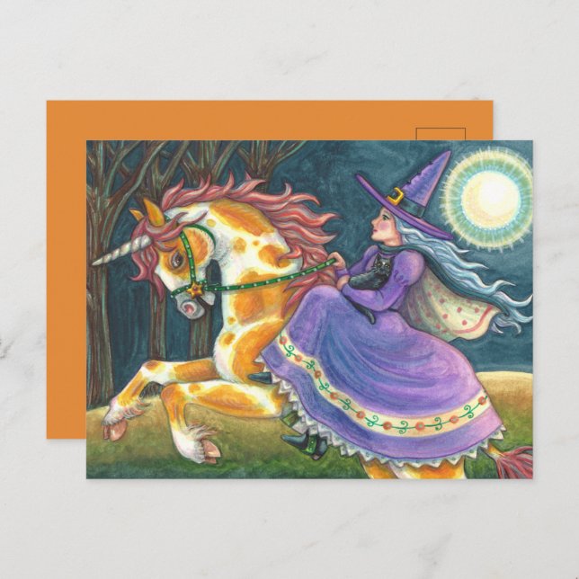 WITCH & HALLOWEEN UNICORN, BLACK CAT Fantasy Horse Helg Vykort (Fram/baksida)
