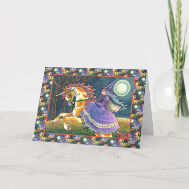 WITCH & HALLOWEEN UNICORN, BLACK CAT Fantasy Horse Helgkort (Framsida)