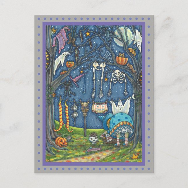 WITCH HANGING BLACK CAT, GHOST, SKELETON TVÄTT VYKORT (Framsida)