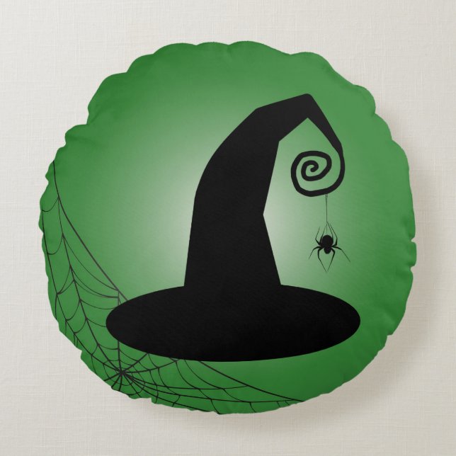 Witch har med Spindelnät Grönt Halloween Pillow Rund Kudde (Framsidan)