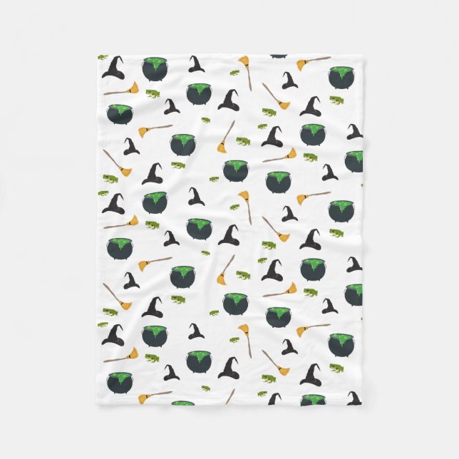 Witch Hat Broom Caldron Halloween Mönster Fleecefilt (Framsidan)