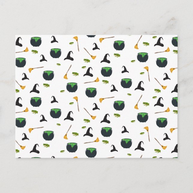 Witch Hat Broom Caldron Halloween Mönster Helg Vykort (Framsida)