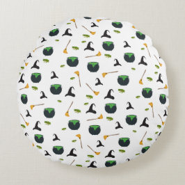 Witch Hat Broom Caldron Halloween Mönster Rund Kudde