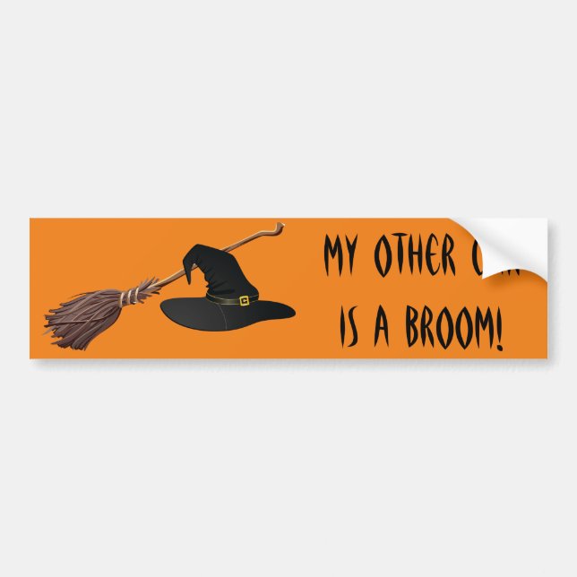 Witch Hat och Broomstick Bumper Sticker Bildekal (Framsidan)
