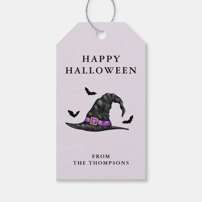 Witch Hat och Fladdermus på Lilac Happy halloween Presentetikett (Framsidan)