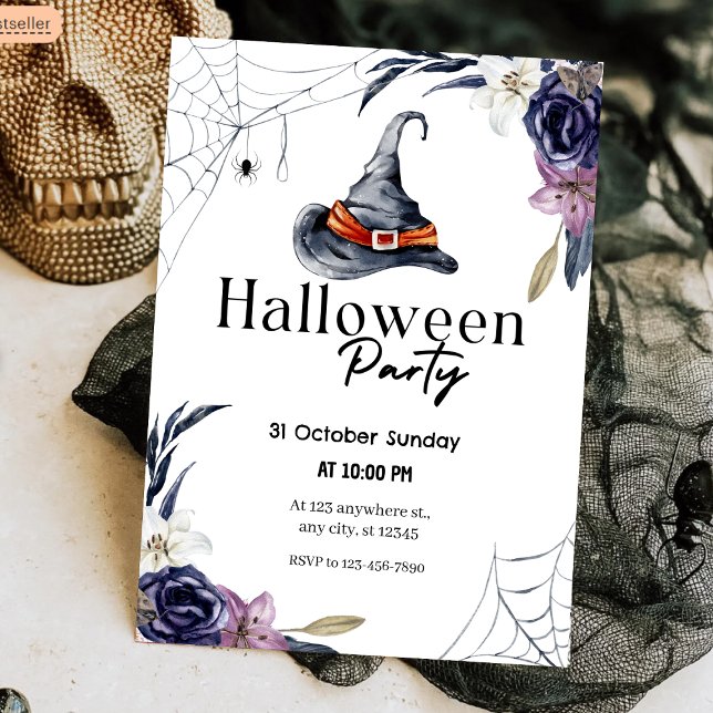Witch Hat & Spindelnät Watercolor Halloween fest Inbjudningar (Witch Hat & Spiderweb Watercolor Halloween Party Invitation
)