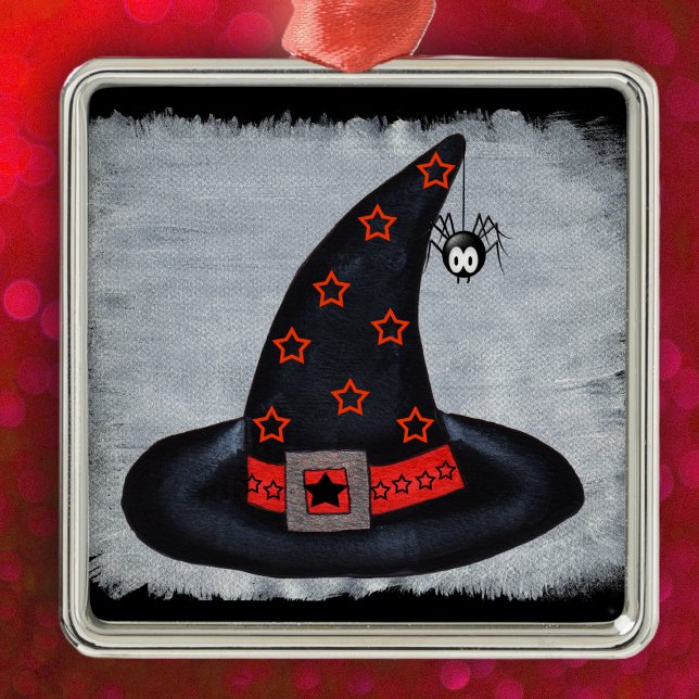 Witch Hat Stars Cute Spider Julgransprydnad Metall (Black Witch hat orange stars silver buckle cute spider on Halloween hanging ornament.)