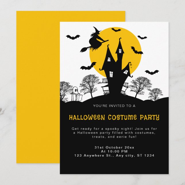 Witch Haunted House Orange & Black Halloween fest Inbjudningar (Fram/baksida)