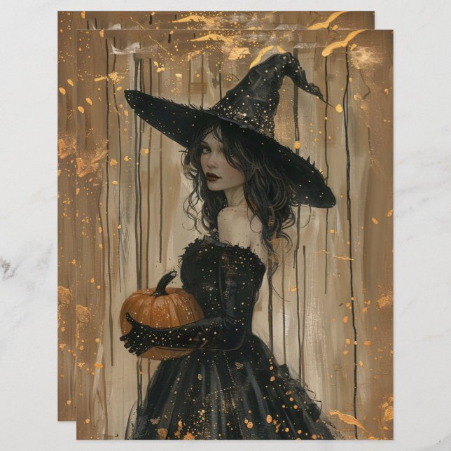 Witch Holding a Pumpkin Scrapbook Papper (Fram/baksida)