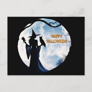 Witch in Full Moon Raven Uggla Halloween Helg Vykort