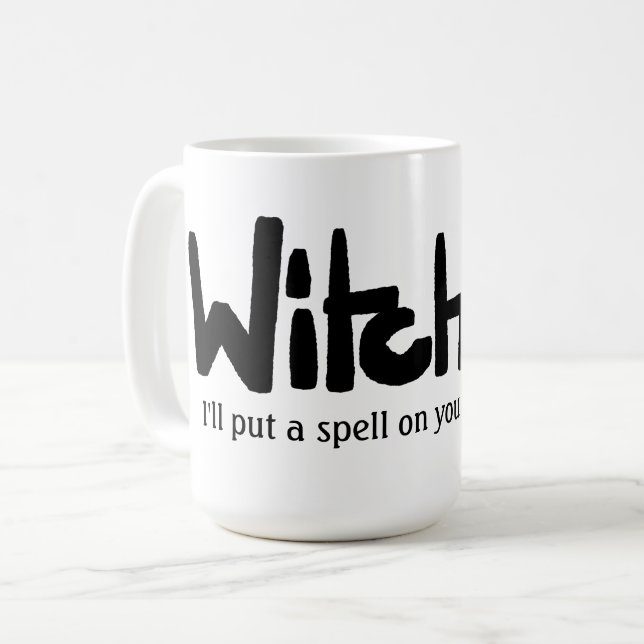 Witch in hand-lettered black ink saying kaffemugg (Framsida vänster)