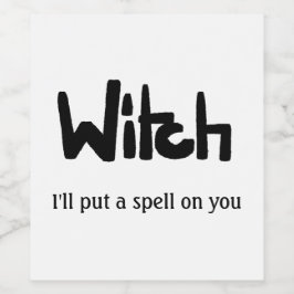 Witch in hand-lettered black ink saying vinflaska etikett