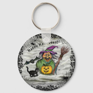 Witch, Kat, Fladdermus och Pumpkin, Happy hallowee Nyckelring