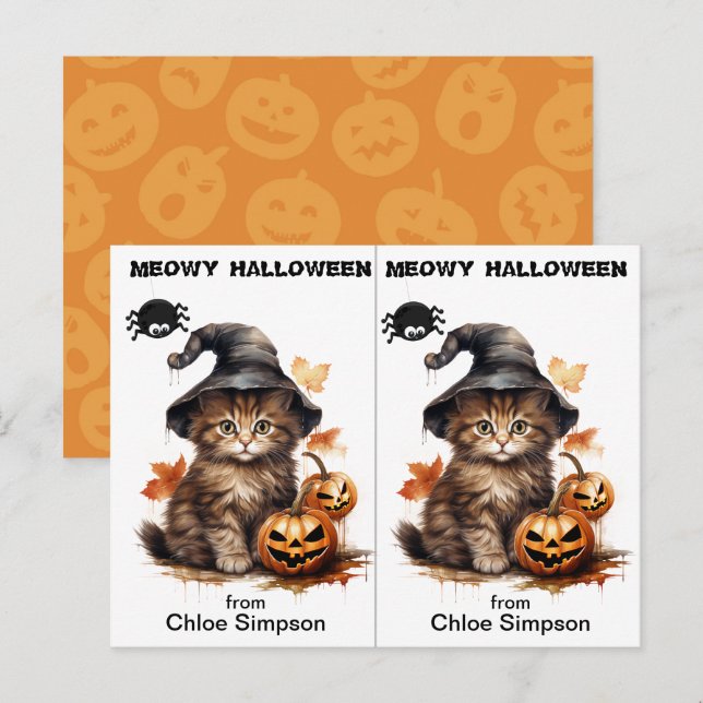 Witch Kattunge School Party Halloween Card Vykort (Fram/baksida)