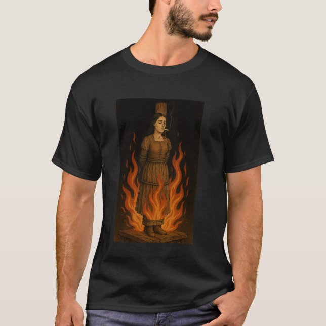 Witch Lighting Cigarette With Flames Occult Unholy T Shirt (Framsida)