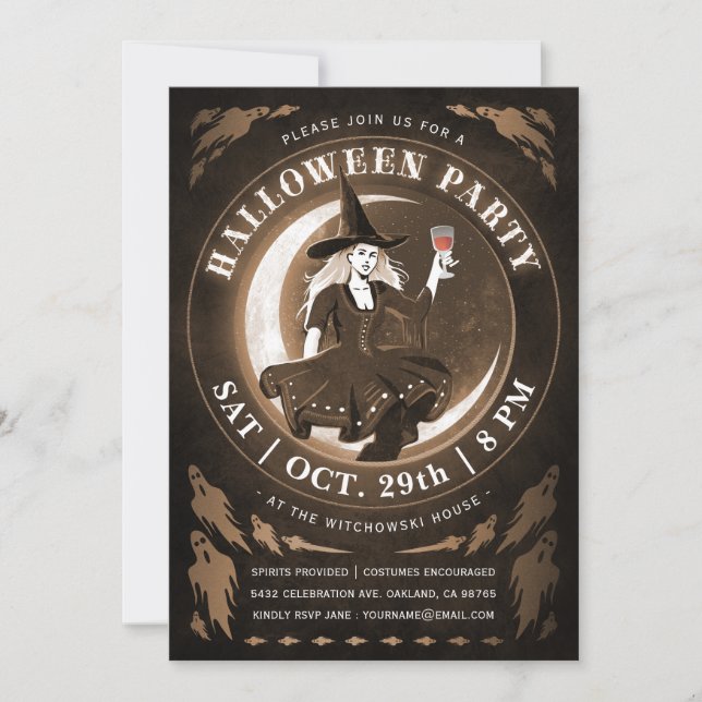 Witch & Måne Halloween-inbjudningar | Amber Inbjudningar (Framsida)