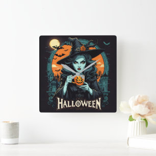 Witch med pumkin mugg på Halloween Fyrkantig Klocka