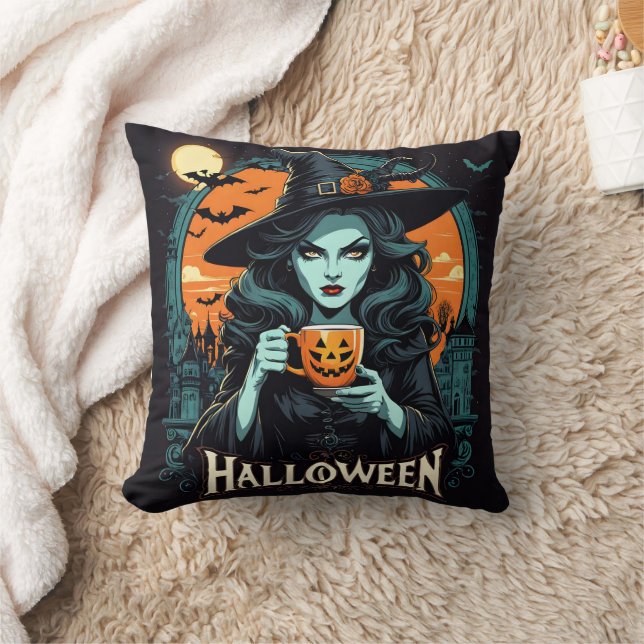 Witch med pumkin mugg på Halloween Kudde (Filt)