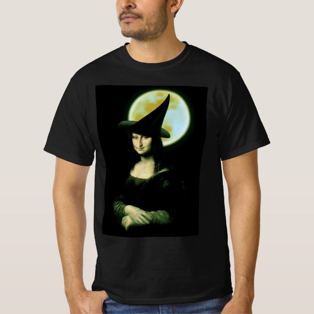 Witch Mona Lisa Halloween Full Moon T Shirt (Framsida)