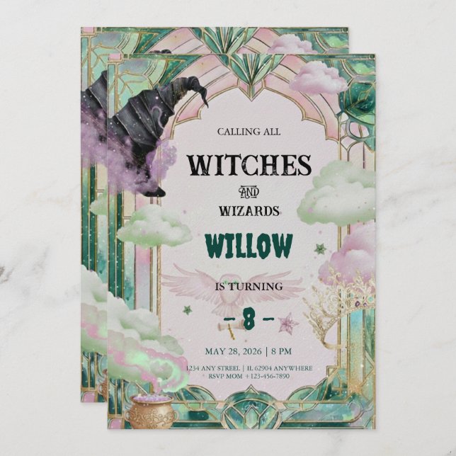 Witch Musical Birthday Invitation Magical Canva Inbjudningar (Fram/baksida)