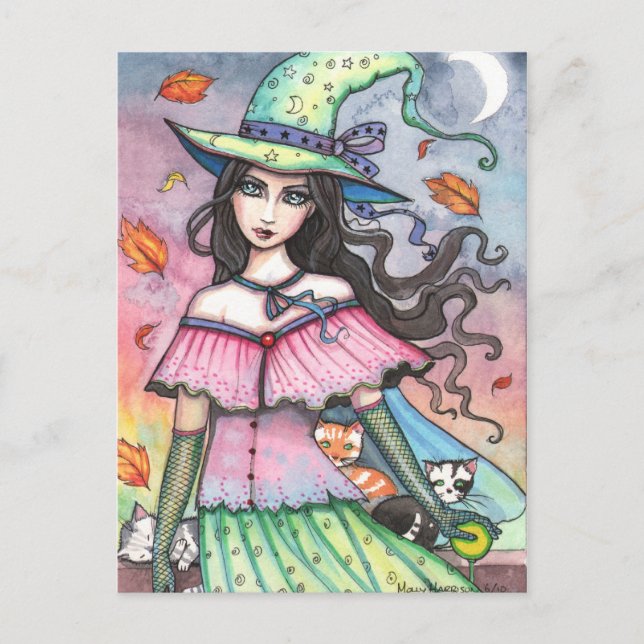 Witch och 3 Cats Postcard av Molly Harrison Vykort (Framsida)