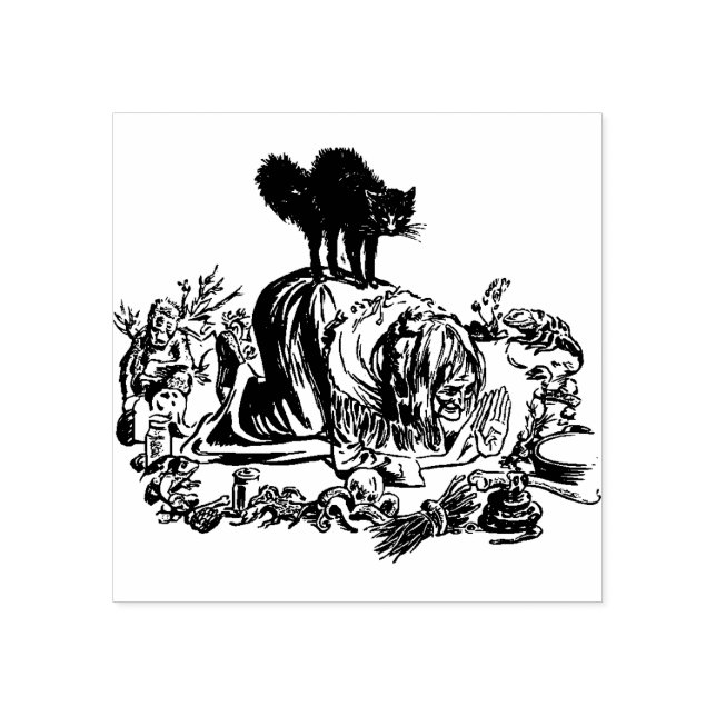 Witch och Black Cat Halloween Rubber Frimärke Stämpel (Tryck)