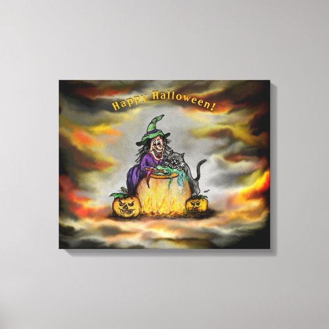 Witch och Black Cat, Happy halloween! Canvastryck (Framsida)