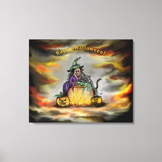 Witch och Black Cat, Happy halloween! Canvastryck (Framsida)