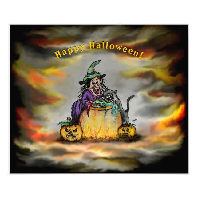 Witch och Black Cat, Happy halloween! Fototryck (Framsidan)