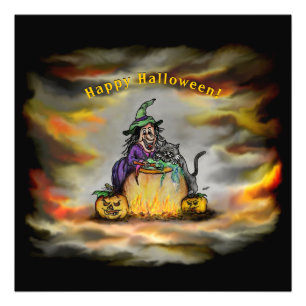 Witch och Black Cat, Happy halloween! Fototryck