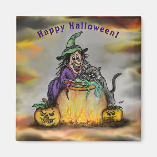 Witch och Black Cat, Happy halloween! Magnet