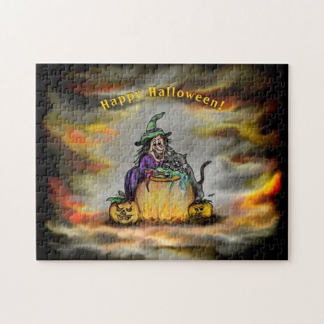 Witch och Black Cat, Happy halloween! Pussel (Horisontell)