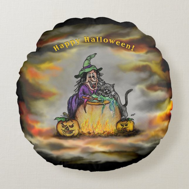 Witch och Black Cat, Happy halloween! Rund Kudde (Framsidan)
