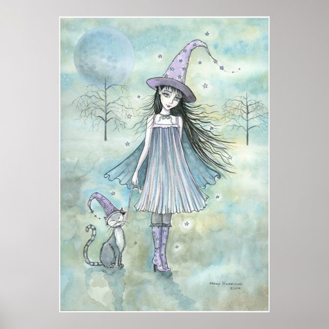 Witch och Cat Halloween Poster av Molly Harrison (Framsidan)
