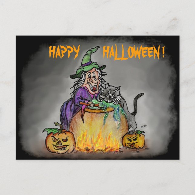Witch och cat, Happy halloween! Vykort (Framsida)