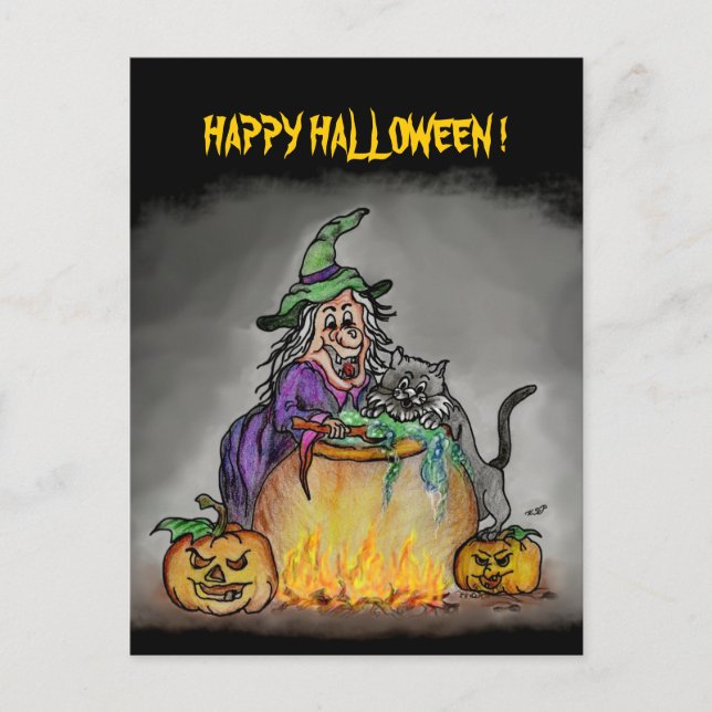 Witch och cat, Happy halloween! Vykort (Framsida)