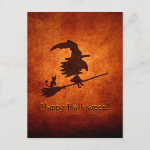 Witch och Cat Silhouette Flies på Broomstick Vykort