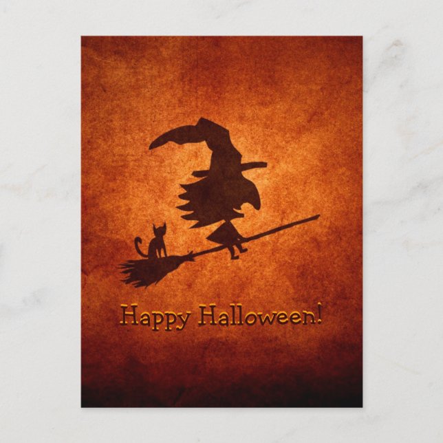 Witch och Cat Silhouette Flies på Broomstick Vykort (Framsida)