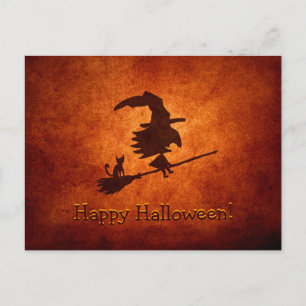 Witch och Cat Silhouette Flies på Broomstick Vykort