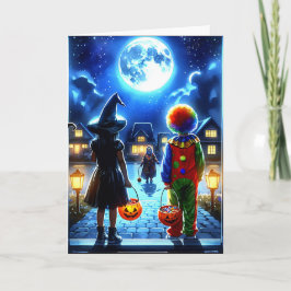 Witch och Clown tittar på en Monster Halloween Kort